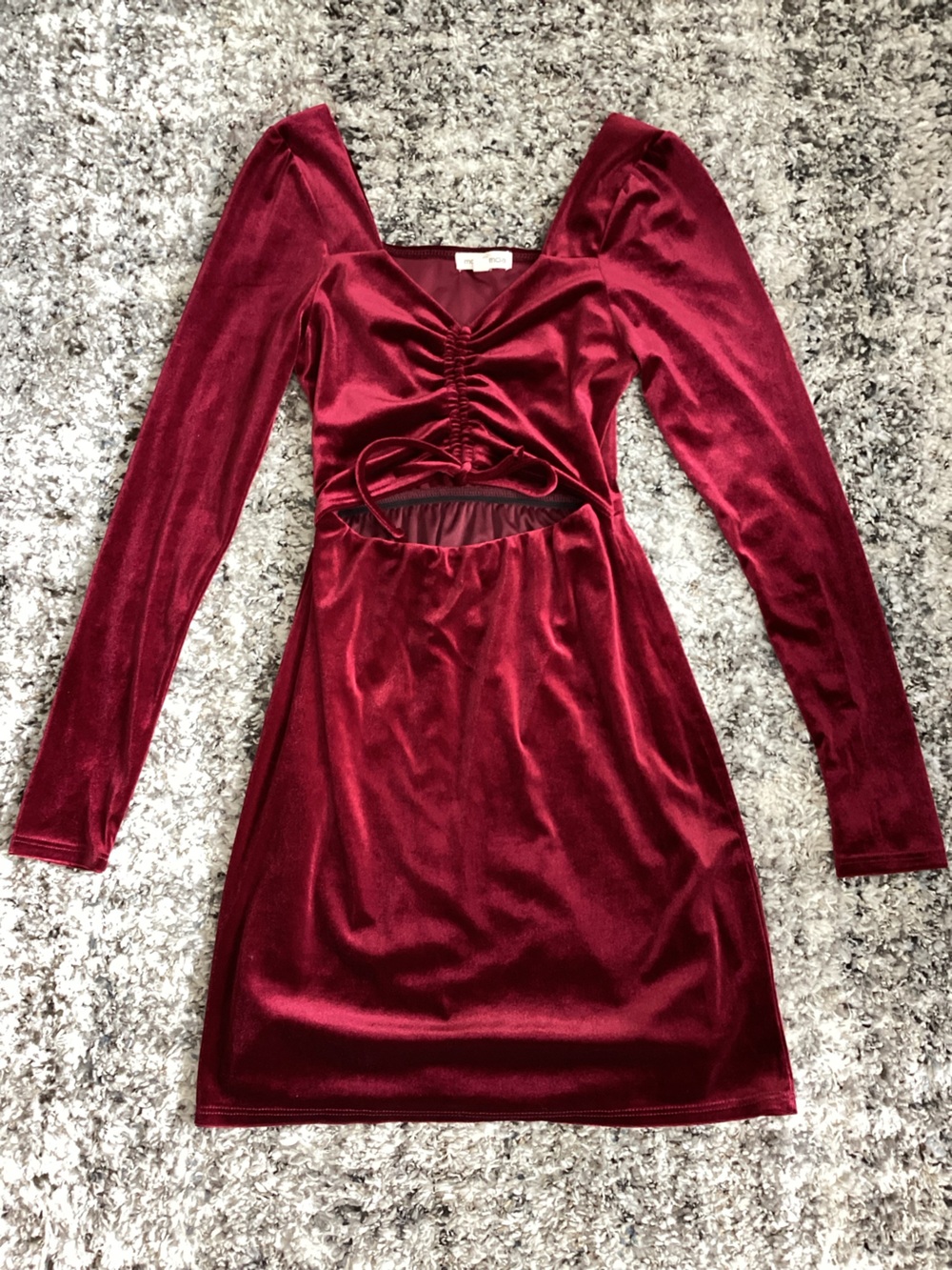 Moa Moa Deep Red Velvet Long-Sleeve Square Neck Dress